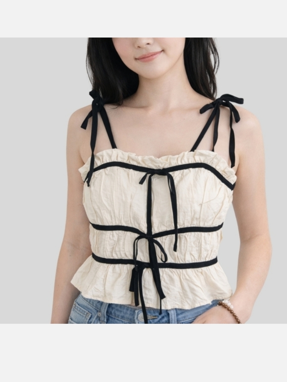 Thirty Thirty Cream Black Tie Front Camisole M Ruffle Trim Top